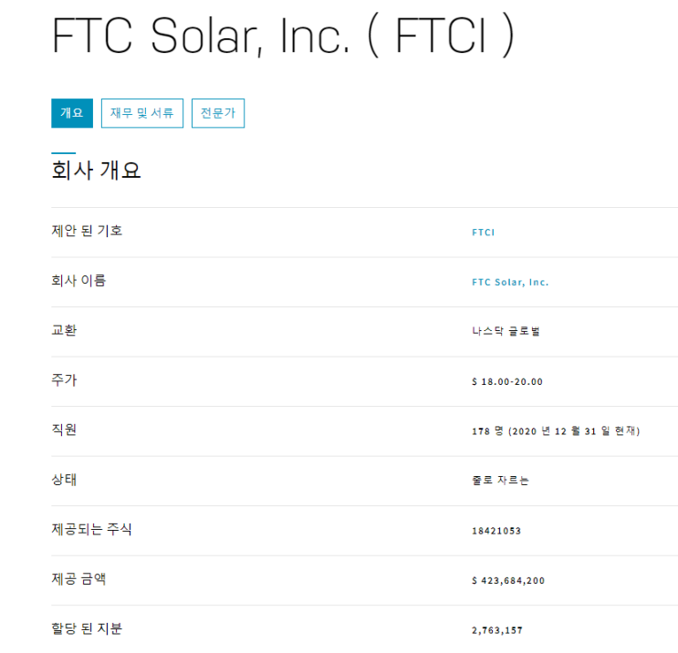  4월 28일 상장하는 FTCI 회사 정보 FTC Solar