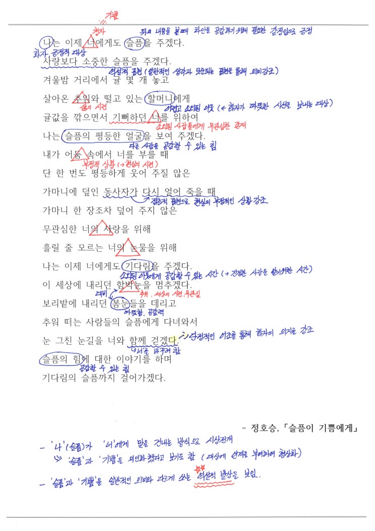  슬픔이 기쁨에게 - 정호승 , 해석 / 해설 / 분석
