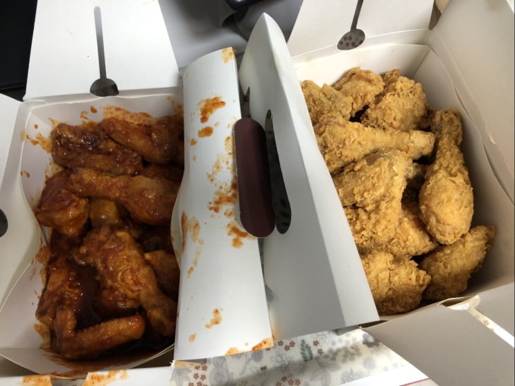 치킨더홈 두마리치킨 양념반 후라이드반 먹어본 후기