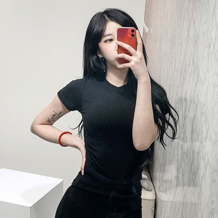 가성비갑 VANANA2 2장세트 여자 슬림핏 스판 기본 블랙 반팔 티셔츠 ···