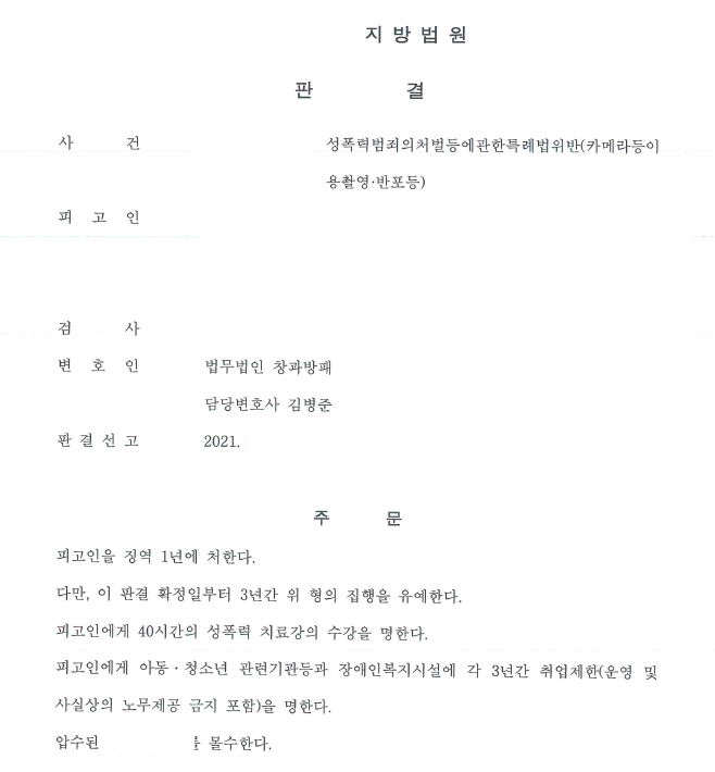  성폭법위반(카메라등이용촬영반포등) 집행유예 선고사례입니다