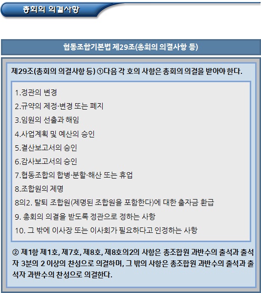 협동조합 총회의 의결사항 및 의결정족수