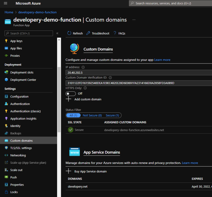  [입문] azure function app 의 도메인을 변경하는 법(how to set custom domain in azure function application)