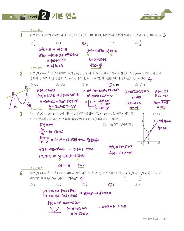 수능특강 수학2 p55, p56) 04 도함수의 활용(1) level 2 문제 및 풀이