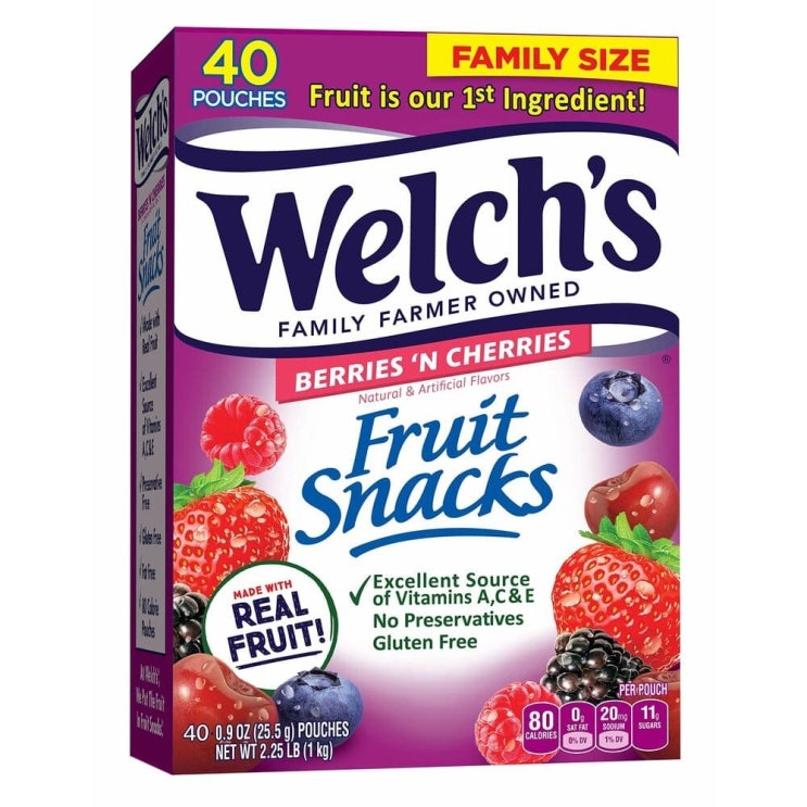 선호도 좋은 웰치스 후르트 스낵 젤리 베리 체리 대용량 Welchs Fruit Snacks Bulk Pack 40봉 한박스 1kg ···