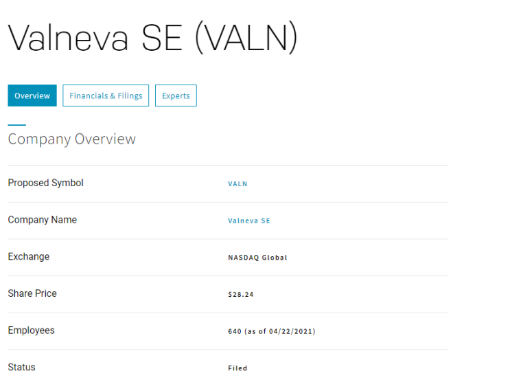  미국 주식 5월 6일 상장 Valneva SE 티커 VALN 회사 정보 IPO