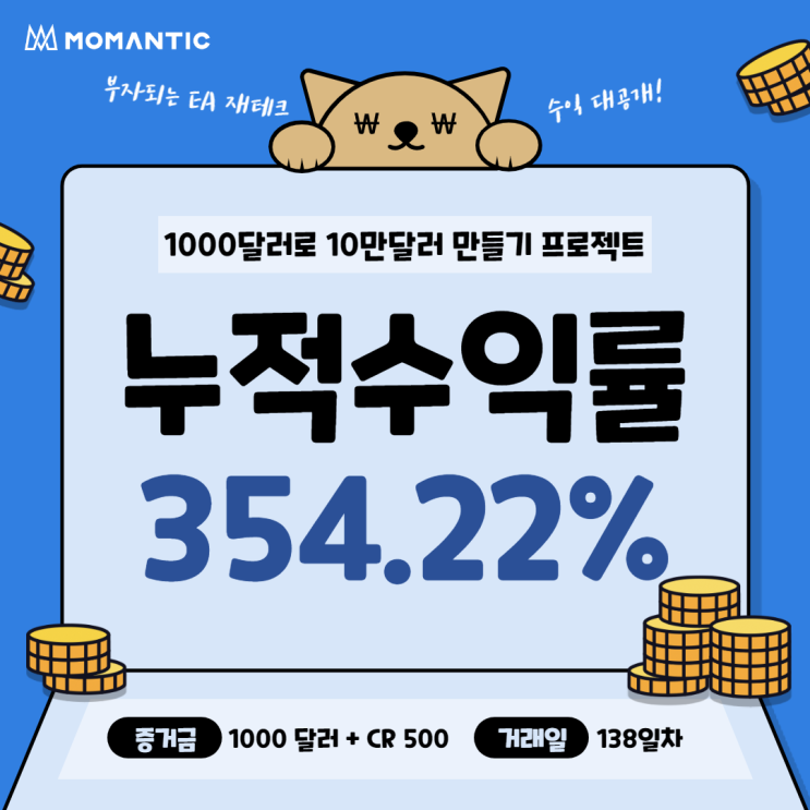 [138일차] 모맨틱FX 자동매매 수익인증 누적수익 3542.23달러