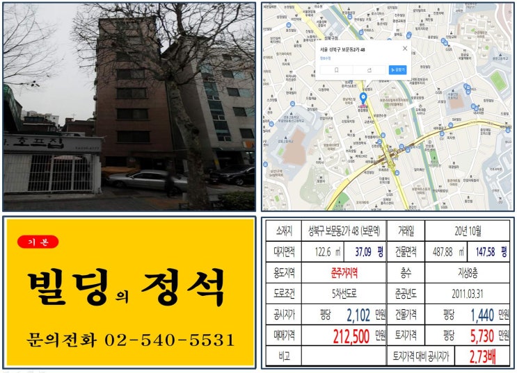 [성북구 준주거지역 신축부지 20억 꼬마빌딩 실거래가 조회] 보문동2가 48 (보문역) 21억 2,500만 원, 평당 5,730만 원 매매되었습니다. 보문리슈빌하우스, 우이경전철