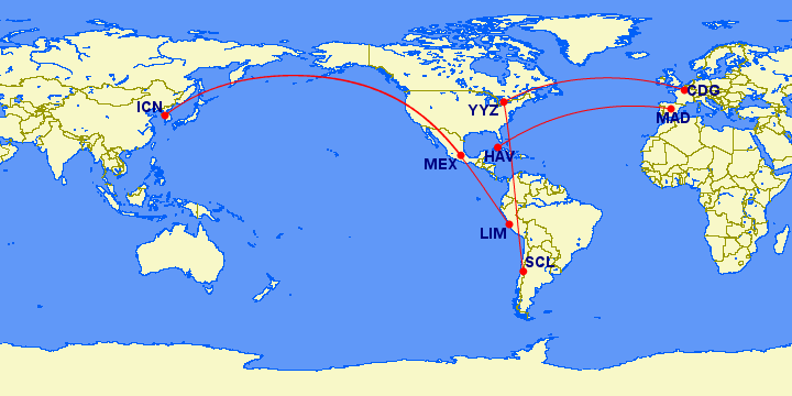 리마에서 산티아고, 파리에서 마드리드, 아바나에서 멕시코시티, 캐나다 토론토를 모두 여행하는 항공권이 129만 원