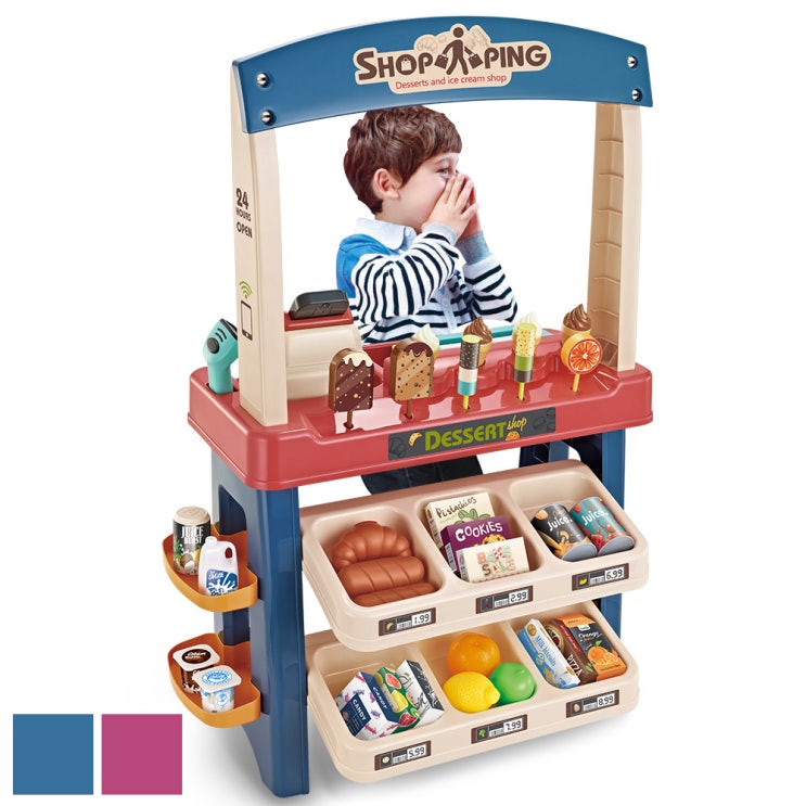 가성비 좋은 [빌도르 앙팡] 아동 유아 홈 슈퍼마켓 마트 소꿉 놀이 역할놀이 쇼핑 장난감 세트, 블루 ···