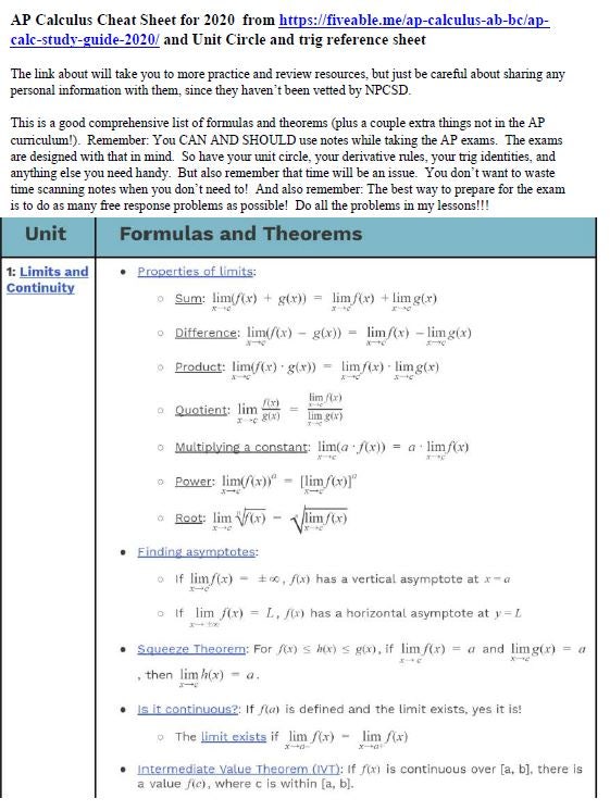 AP Calculus AB/BC 최종정리 공식 다운로드 : 네이버 블로그