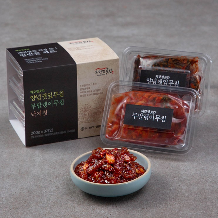 잘나가는 외갓집곳간 매일반찬 걱정 뚝 무말랭이무침 200g + 깻잎무침 200g + 낙지젓 200g, 1세트 추천합니다 잘나가는 외갓집곳간 매일반찬 걱정 뚝 무말랭이무침 200g + 깻잎무침 200g + 낙지젓 200g, 1세트 추천합니다