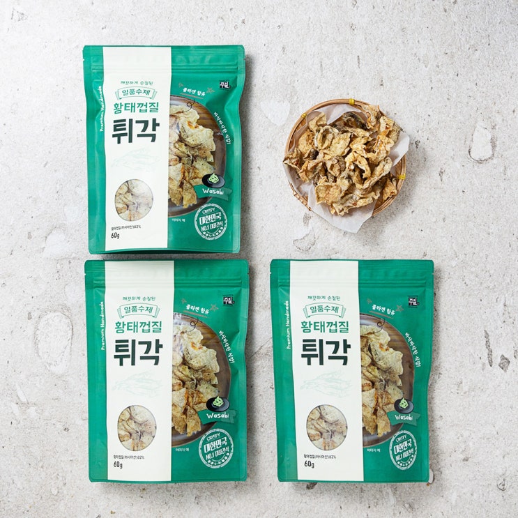 최근 많이 팔린 일품수제 황태껍질 튀각 와사비맛, 60g, 3개 좋아요 최근 많이 팔린 일품수제 황태껍질 튀각 와사비맛, 60g, 3개 좋아요