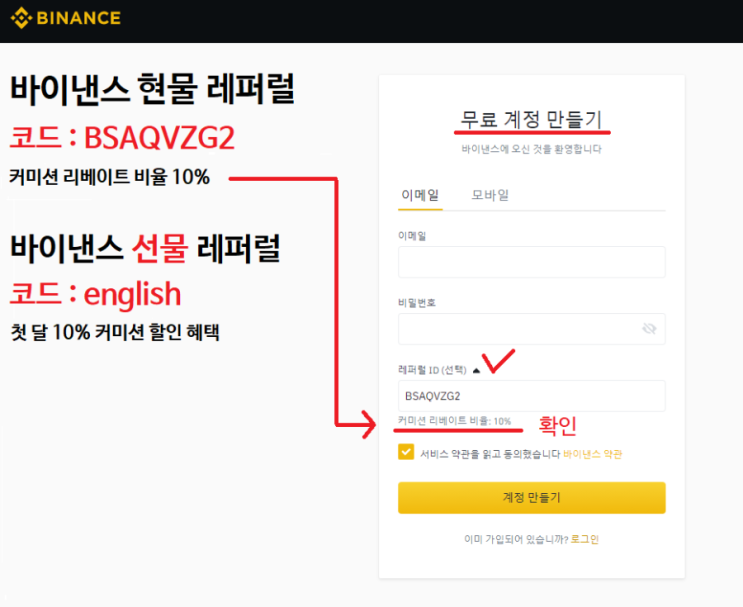 바이낸스 계정 만들기 수수료 선물 할인코드 입력방법