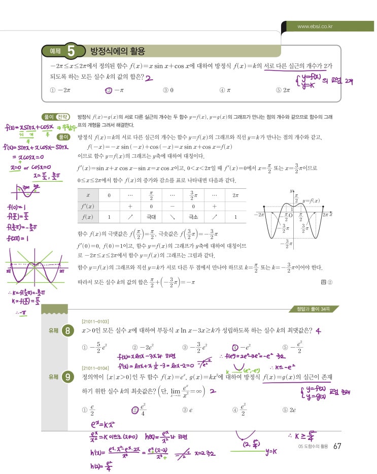 수능특강 미적분 p67, p69) 05 도함수의 활용 예제 및 유제 문제 및 풀이 3