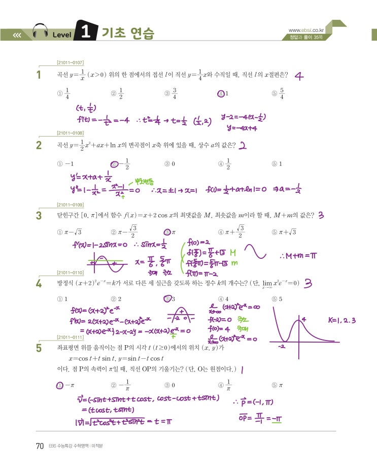 수능특강 미적분 p70) 05 도함수의 활용 level 1 문제 및 풀이