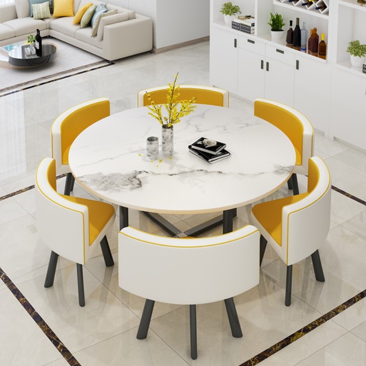 가성비 뛰어난 6인용 티 테이블 거실 응접실 회의실 식당 카페 홈바 라운지 투톤 컬러 식탁 의자 세트, 노란색 + 흰색 원형 대리석 패턴 + 노란색 흰색 ···
