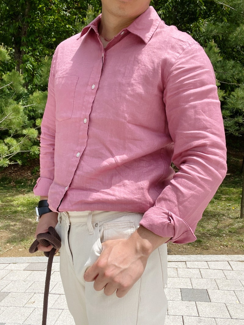 지오다노 핑크 남자 린넨 셔츠 코디 : 네이버 블로그