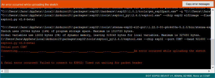 ESP32 캠 연결 에러: Failed to connect to ESP32: Timed out waiting for packet header