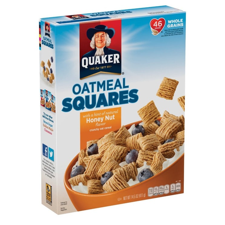후기가 정말 좋은 Quaker Honey Nut Oatmeal Squares Cereal 퀘이커 오트밀 스퀘어 허니너트 미니바이트 시리얼 411g 미국 리뷰베스트 간편섬유질브랜드