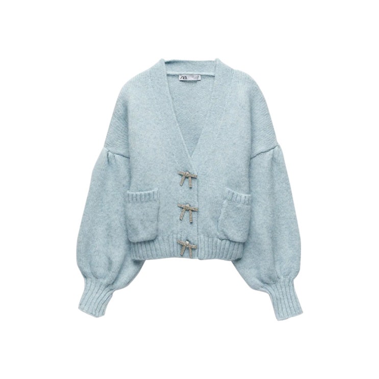  인기 급상승인 ZARA 블루 리본 버튼 버튼 니트 재킷 여성용 퍼프 슬리브 포켓 가디건 ···