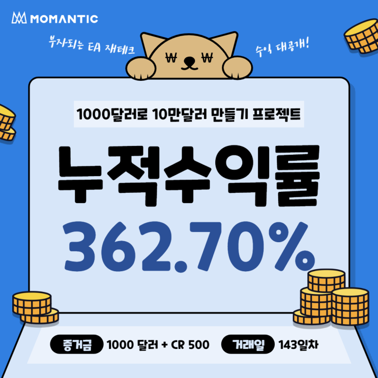 [143일차] 모맨틱FX 자동매매 수익인증 누적수익 3627.03달러