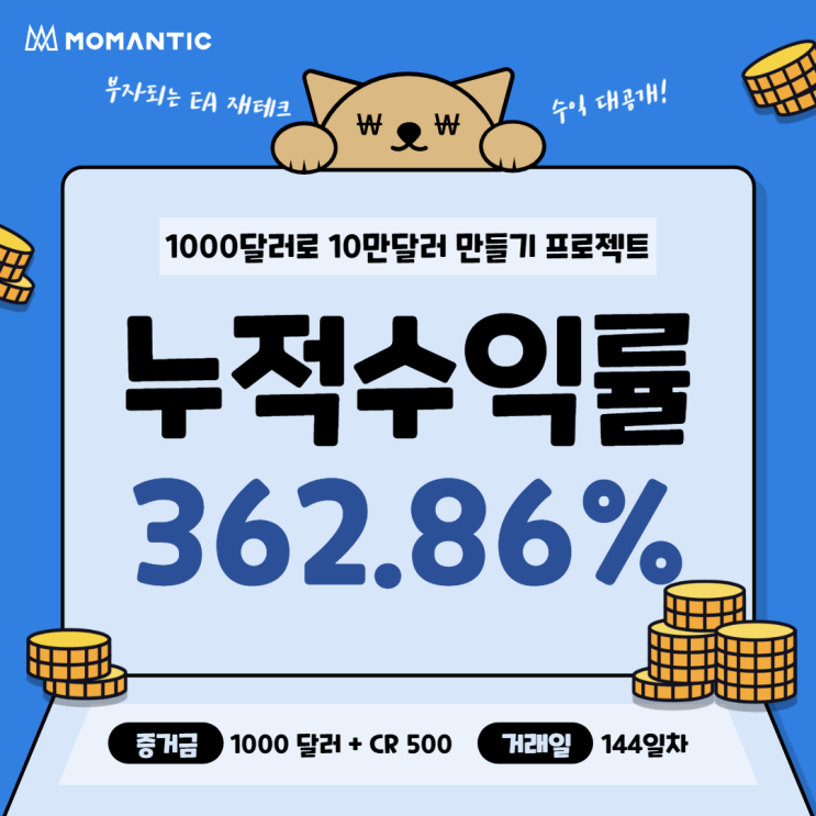 [144일차] 모맨틱FX 자동매매 수익인증 누적수익 3628.58달러