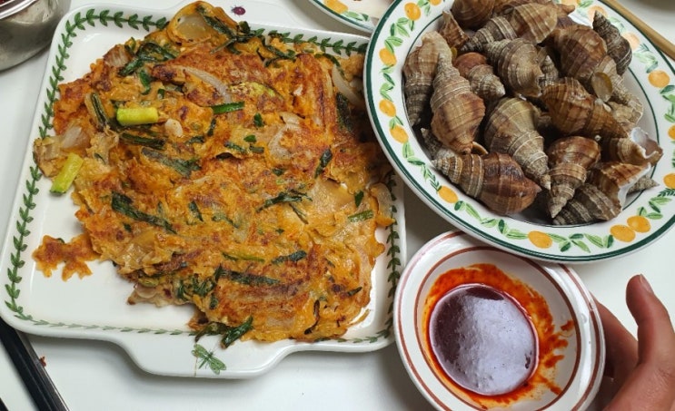 비오는날 파전+ 소라찜+막걸리 먹습니다!