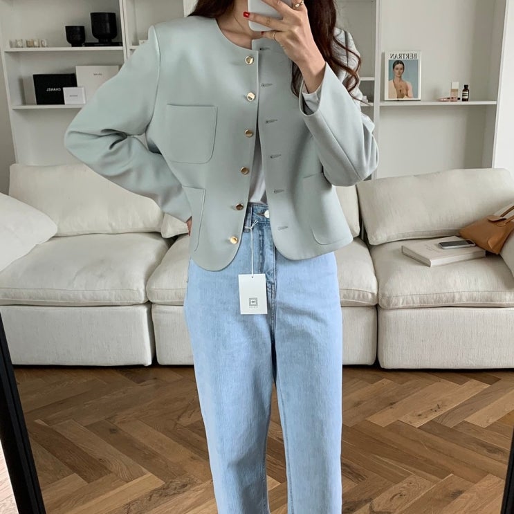 최근 많이 팔린 버킷 금장단추 노카라 자켓 ··· 최근 많이 팔린 버킷 금장단추 노카라 자켓 ···