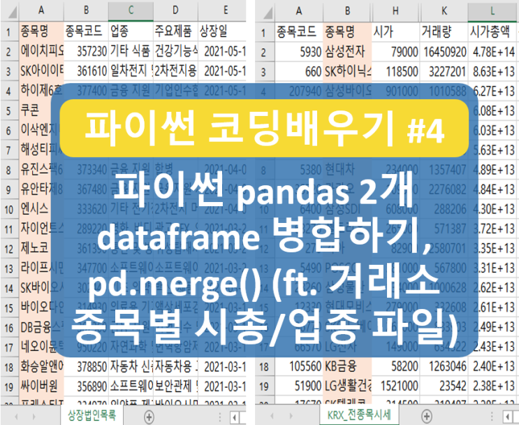 거래소 종목코드, 종목명, 시총, 업종 포함한 엑셀파일 만들기, pandas 데이터모듈 pd.merge() 메쏘드 활용 [주식 데이터과학 #26]