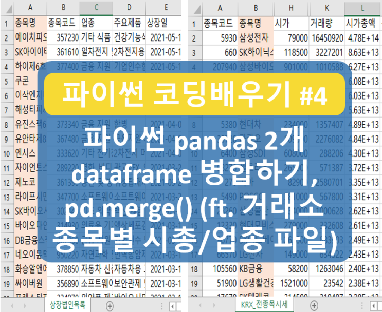  거래소 종목코드, 종목명, 시총, 업종 포함한 엑셀파일 만들기, pandas 데이터모듈 pd.merge() 메쏘드 활용 [주식 데이터과학 #26]