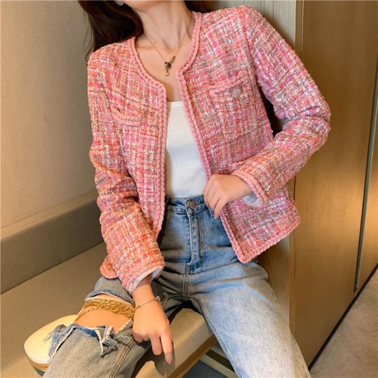 가성비 뛰어난 여성 봄 가을 노카라 슬림 발랄한 핑크 가디건 얇은 재킷 트위드 자켓 좋아요 가성비 뛰어난 여성 봄 가을 노카라 슬림 발랄한 핑크 가디건 얇은 재킷 트위드 자켓 좋아요