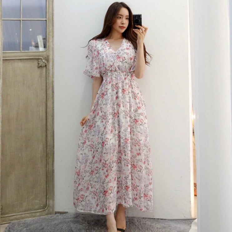  잘팔리는 이힝 프라우 플라워 브이넥 쉬폰 롱원피스 ···
