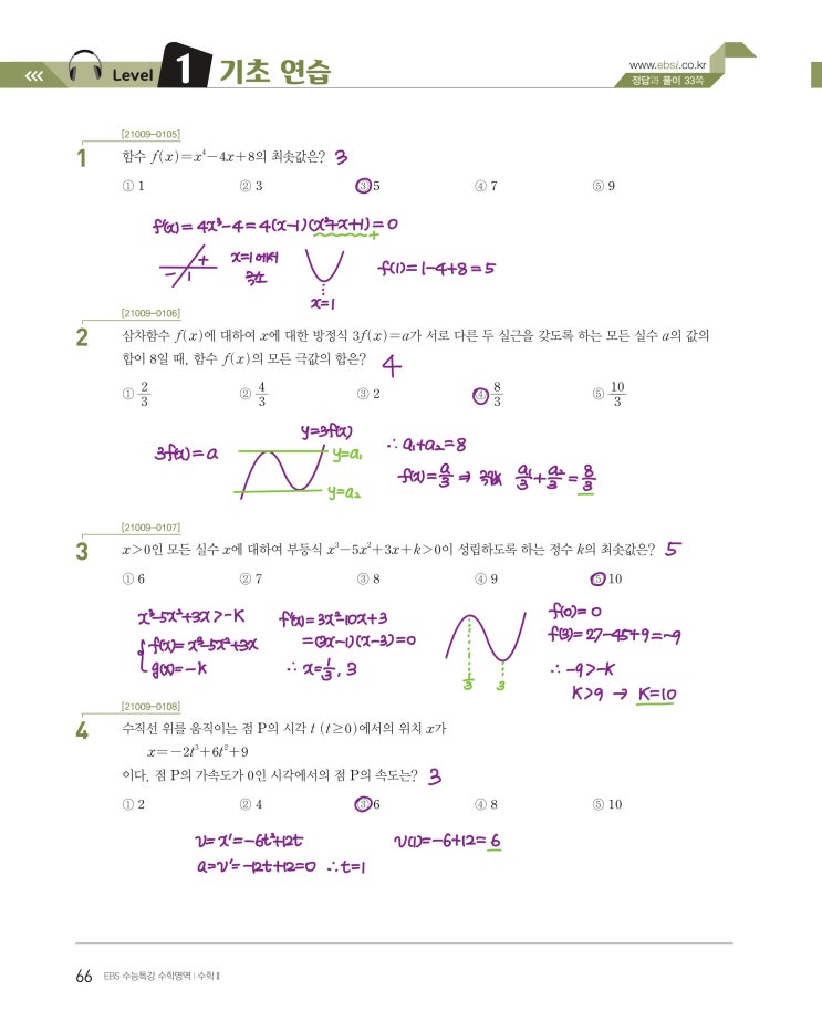 수능특강 수학2 p66) 05 도함수의 활용(2) level 1 문제 및 풀이