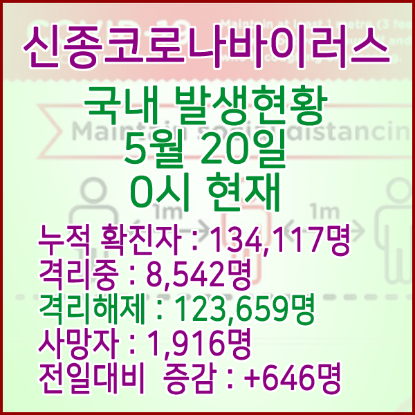  코로나19(코로나바이러스) 5월 20일 0시 국내(해외포함) 발병 134,117명 / 123,659명 완치 격리해제 / 사망자 1,916명