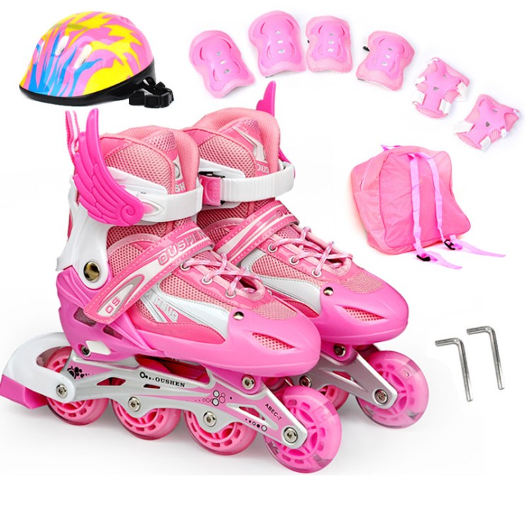 가성비갑 DALIN 인라인 스케이트화 블랙 휠 슈즈 인라인스케이트 세트 어린이 남녀 롤러블레이드광 PU 휠 ST24 A8, 핑크 추천합니다