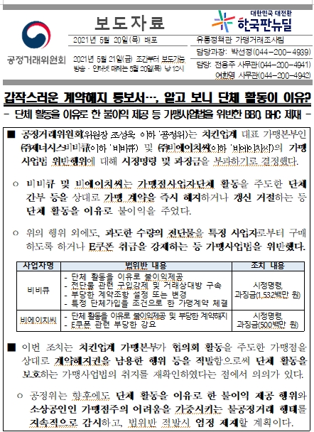  공정위 2개 치킨업체 처분(가맹점사업자단체, 전단물, 부당한 계약조항, E쿠폰)