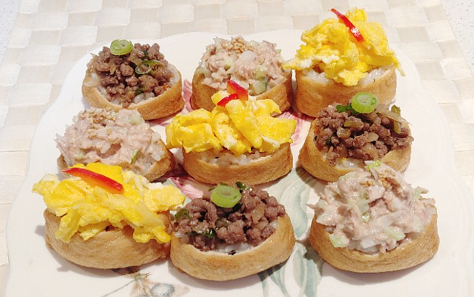  사각유부초밥 토핑 맛있게 만들기 ( 참치, 스크램블, 소고기)