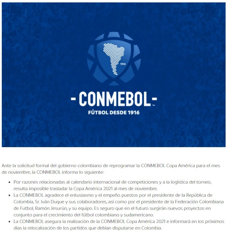 [CONMEBOL] 콜롬비아, 코파아메리카2021 공동 개최 불가