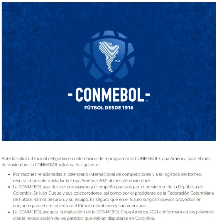  [CONMEBOL] 콜롬비아, 코파아메리카2021 공동 개최 불가