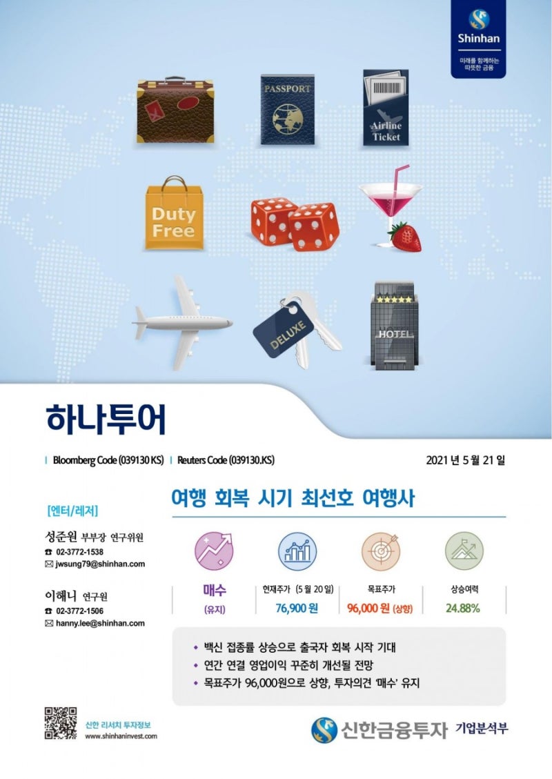 하나투어 목표주가 상향 : 네이버 블로그