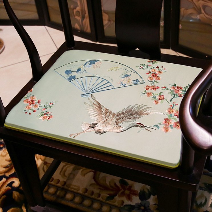 선호도 높은 전통스타일 꽃과 부채 자수 포인트 사각 의자 쿠션, 라이트블루 ···