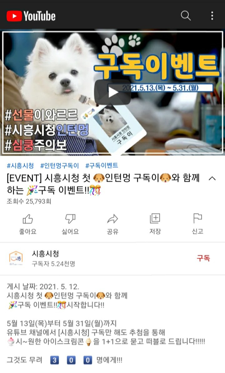 [2021/5/13~5/31] 시흥시청, 유튜브구독 아이스크림 300명