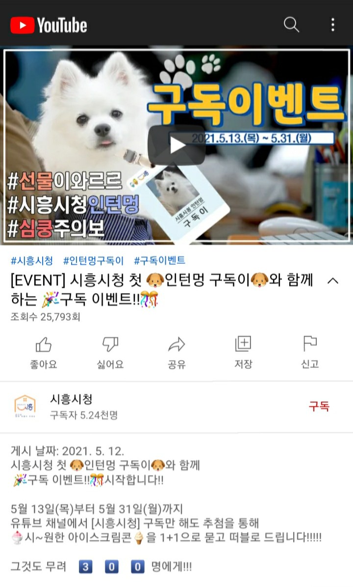  [2021/5/13~5/31] 시흥시청, 유튜브구독 아이스크림 300명
