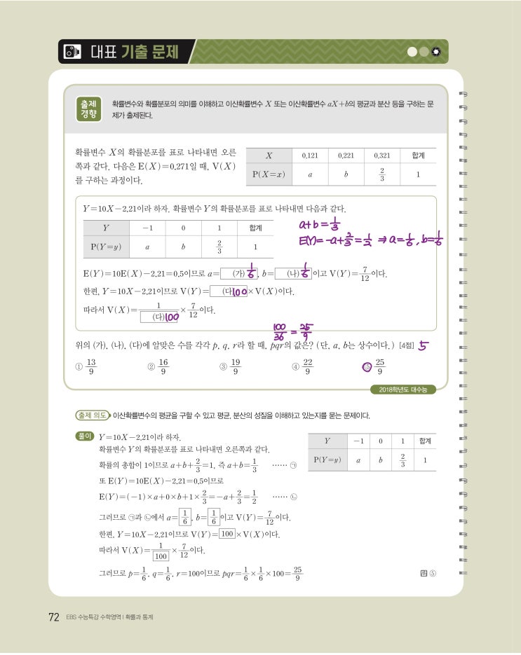 수능특강 확률과 통계 p72, p73) 05 이산확률변수의 확률분포 대표 기출 문제 문제 및 풀이