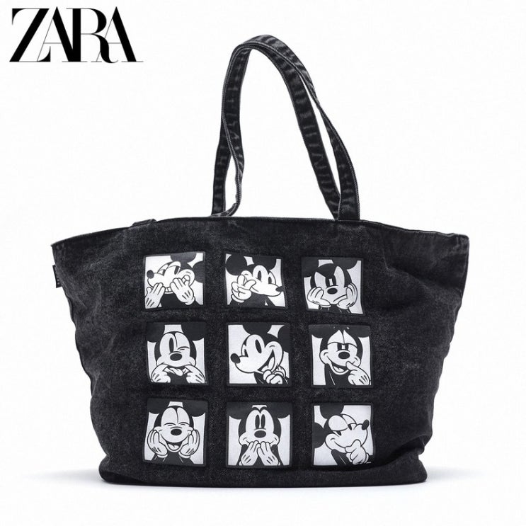 구매평 좋은 자라 ZARA 신품 여성 가방 블랙 디즈니 미키 마우스 대용량 원 숄더 쇼핑백 숄더백 추천합니다
