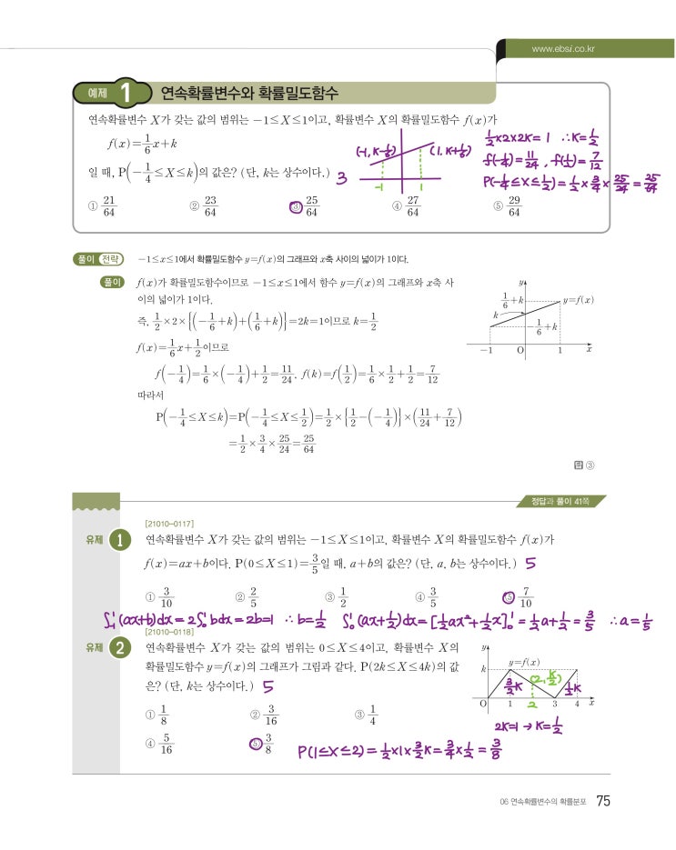 수능특강 확률과 통계 p75, p77) 06 연속확률변수의 확률분포 예제 및 유제 문제 및 풀이 1 수능특강 확률과 통계 p75, p77) 06 연속확률변수의 확률분포 예제 및 유제 문제 및 풀이 1