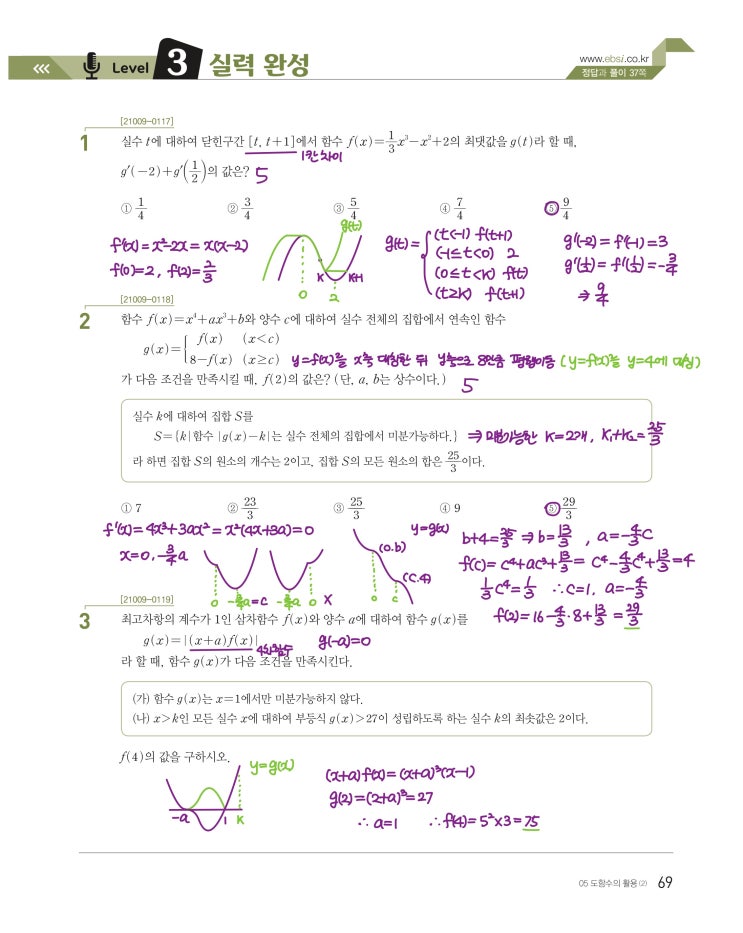 수능특강 수학2 p69) 05 도함수의 활용(2) level 3 문제 및 풀이