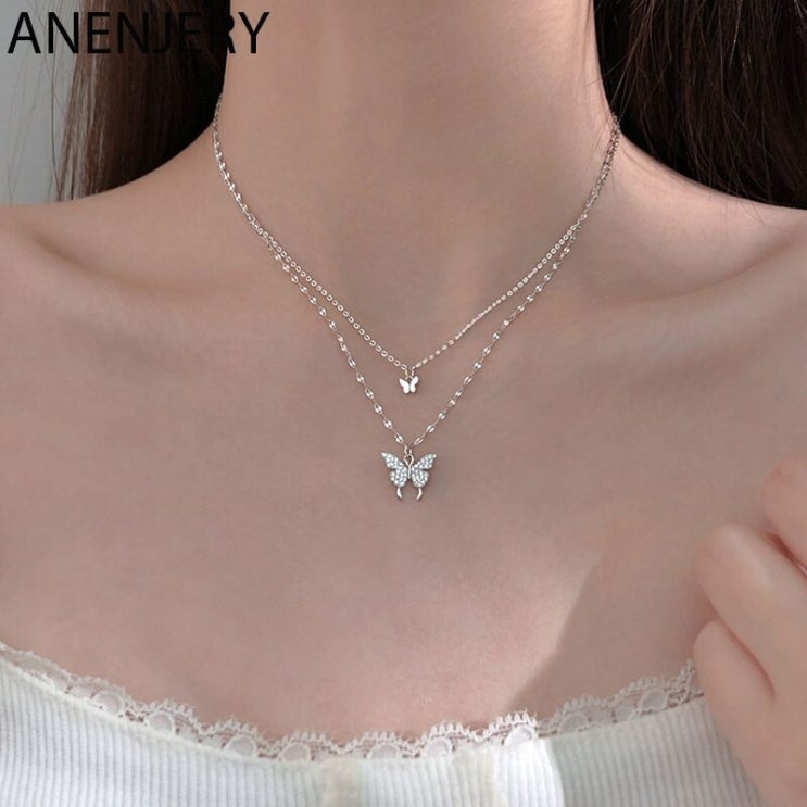 최근 인기있는 ANENJERY 925 스털링 실버 반짝 이는 CZ 나비 목걸이 여성을위한 우아한 더블 레이어 쇄골 체인 목걸이 쥬얼리 S N173|체인목걸이| ··· 최근 인기있는 ANENJERY 925 스털링 실버 반짝 이는 CZ 나비 목걸이 여성을위한 우아한 더블 레이어 쇄골 체인 목걸이 쥬얼리 S N173|체인목걸이| ···