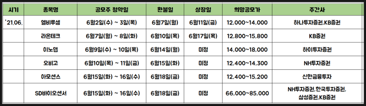  2021년 6월 공모주 일정-1(엘비루셈 청약, 라온테크, 이노뎁) feat. 5월 내돈내산 공모주 결과 되짚어보기